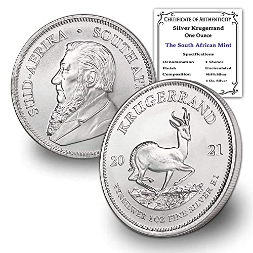 2021 ZA דרום אפריקה 1 OZ סילבר קרוגרנד מגרש מטבעות מבריק ללא מעצבים עם תעודות אותנטיות על ידי COINLOLIO