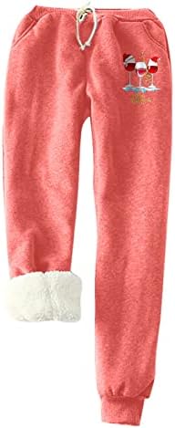 פלוס מכנסי טרנינג בגודל חג המולד נשים דפסת זכוכית יין רצים מכנסי פיג'מה חורף חורף עבה תרמי חמים