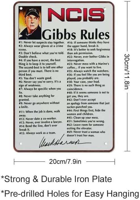 Kdly ncis gibbs כללי LeRoy Jethro Gibbs חתימה מצחיק 69 כללים שלט מתכת פח לגבר מערה חנות בר פאב קיר