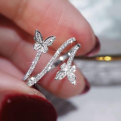 כפול פרפר טבעת כסף זירקון יהלומי חתונה אירוסין טבעת תכשיטי מתנה לנשים פרפר צורת ריינסטון טבעת
