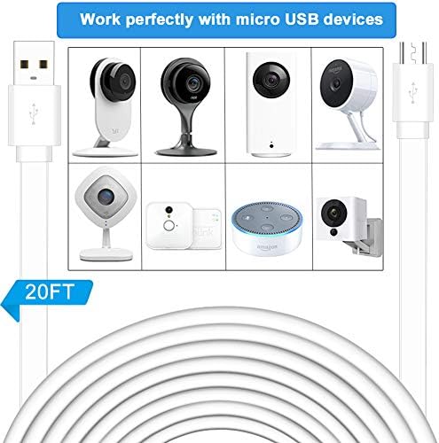 3 פאק 20ft USB חוט הארכת כוח תואם ל- Wyze Cam, Wyzecam Pan, Yi Cam, Yi Dome Home, Oculus Go, Kasa,