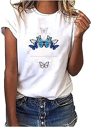 קיץ נשים פרפר הדפסת חולצה טרנדי קצר שרוול עגול צוואר חולצות מקרית חמוד גרפי חולצות קומפי רופף טי