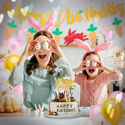 סט קישוטי יום הולדת שמח של ארנב - נושא ארנב נושא יום הולדת שמח עוגת עוגת טופר ורוד זהב זהב