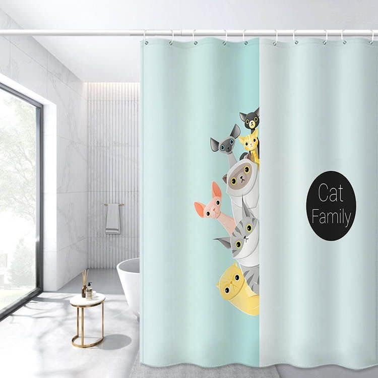 חתולים מצחיקים וילון מקלחת לילדים תפאורה לחדר אמבטיה בפוליאסטר עם 12 ווים מתכת וילון מקלחת כחול תכלת 78x78