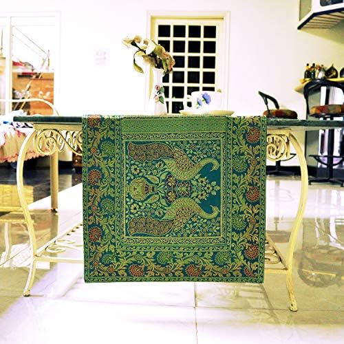 Lalhaveli Peacock Brocade Silk Runner Runner Green Farmhouse Runners Runners Runner שולחן קפה לקישוטים