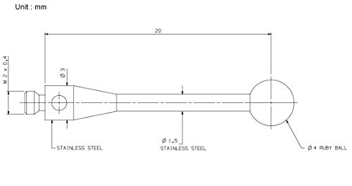 CMM בדיקה חרט 4 ממ אודם כדור M2 חוט 20 ממ ארוך A-5000-4161