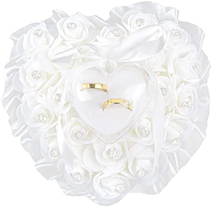 כרית טבעת נישואין בצורת לב לבנה כרית טבעת קישוט אלגנטית תיבת נושא כרית עם קשת סרט