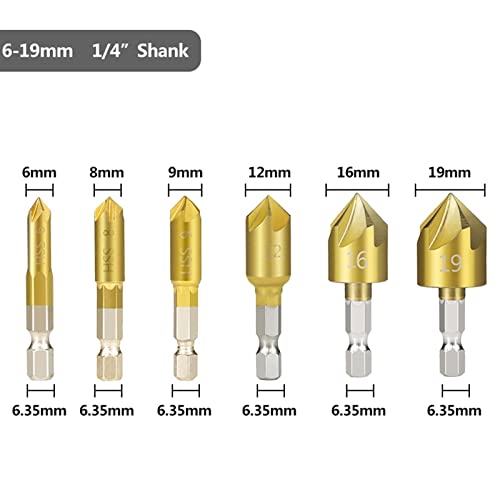 מקדח מקדח של Shank Conferersink 6-19 ממ מצופה 5 מקדח חור חילוט 90 מעלות עץ עץ 6 יחידות