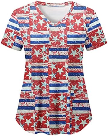 4 ביולי חולצת טי לנשים דגל ארה ב קיץ שרוול קצר חולצות עם 2 כיסים חולצות בגדי עבודה מזדמנים לחג