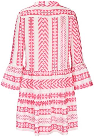 שמלות חוף מזדמנים של Fehlegd לנשים נ 'צוואר 3/4 שרוולי פעמון פס גיאומטרי הדפס קיץ סוודר רופף שמלת