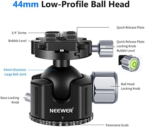 Neewer פרופיל נמוך DSLR מצלמה ראש חצובה ראש כדור, 44 ממ כל מצלמה פנורמית מתכתית הר חצובה ראש עם צלחת