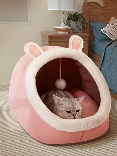 מערה של מיטת חתולים מקורה Qwinee עם כרית נשלפת - בית חיות מחמד בית חום בית חום ארנב ארנב עיצוב אוזניים