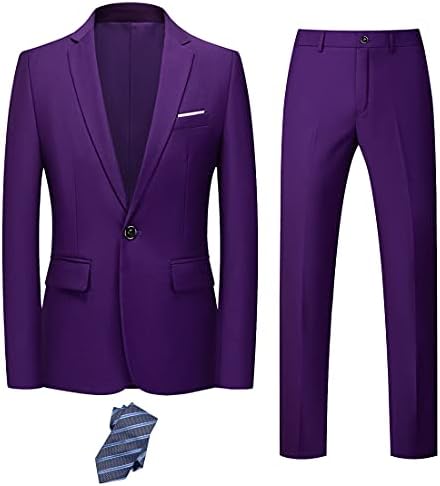 חליפת 2 חלקים בגזרה דקה לגברים, מכנסי ז ' קט מוצקים עם כפתור אחד עם עניבה