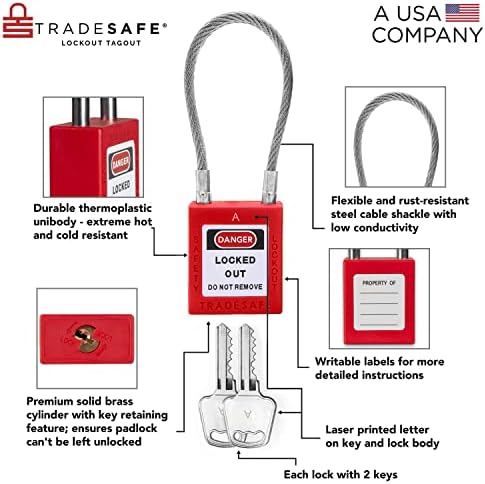 Tradesafe Lockout Tagout מנעולי כבל פלדה עם מפתחות - 10 אדום מקשים כאחד קיבוץ ללא הגבלה קבוצת מנעול חשמלי, 2