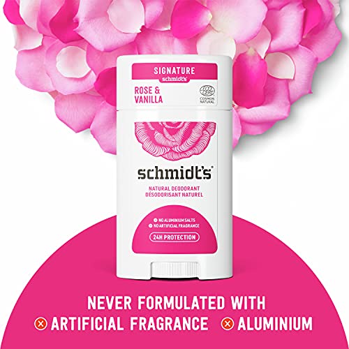 אלומיניום של שמידט דאודורנט טבעי בחינם לנשים וגברים, ורד + וניל עם הגנה על ריח 24 שעות, אכזריות מוסמכת
