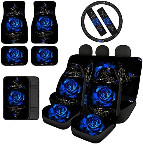 ג'אוקודיה של רוז כחול הדפסת רוז פנים אביזרים מגדירים 12 חבילות, 4 מכסי מושב PCS+2 מחצלות קדמיות+2 מחצלות
