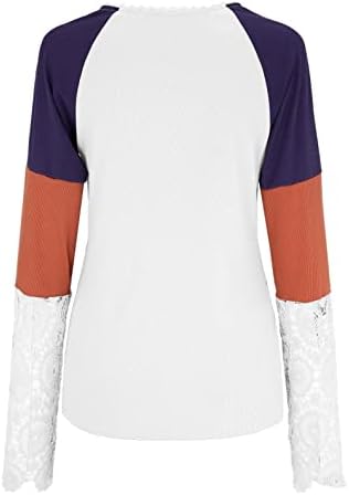 שוסון נשים של הדפס מנומר חולצות תחרה ארוך שרוול צווארון עגול צבע בלוק מקרית חולצות טי אופנה רופף חולצות